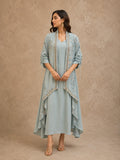 POWDER BLUE INNER DRESS PAIRED WITH AN EMBROIDERED CAPE JACKET FOR AN EFFORTLESSLY ELEGANT LOOK.