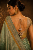 Woman wearing a traditional saree with a detailed blouse against a textured brown background