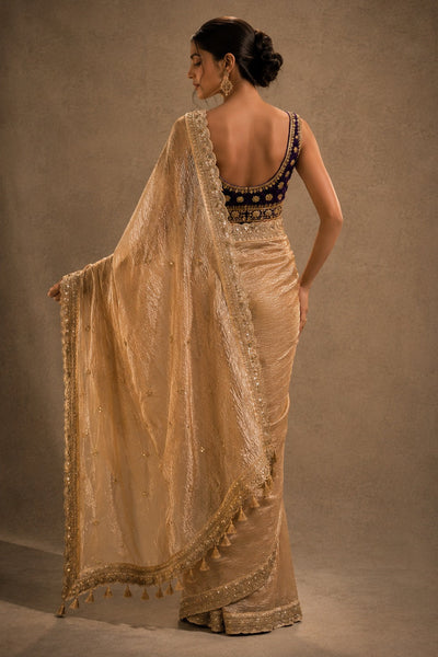Woman wearing a beige saree with a plain background