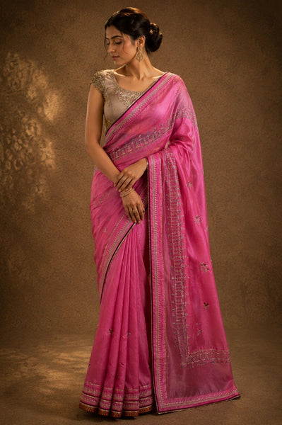 Woman wearing a pink saree with a brown background
