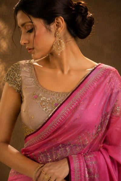Woman wearing a pink saree with a brown background