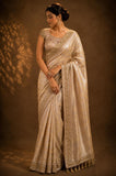 Woman wearing a traditional saree with intricate designs against a brown background