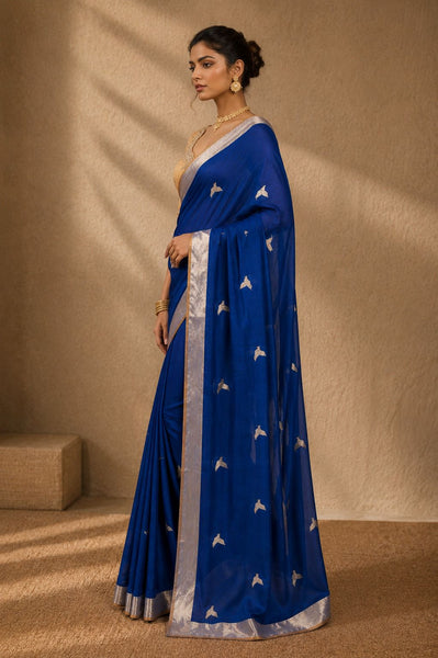 Sapphire Blue Silver Zari Saree (2PCS)