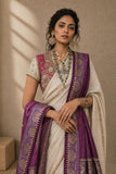 Ivory Shimmer Saree with Royal Purple Banarasi Dupatta (4 PCS)