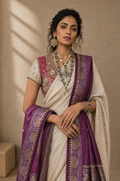 Ivory Shimmer Saree with Royal Purple Banarasi Dupatta (4 PCS)