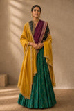 A woman models a traditional Indian outfit featuring a deep green pleated skirt with gold embroidery, a dark green embroidered blouse, a rich purple dupatta, and a mustard yellow velvet shawl draped over her shoulders.
