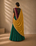 Emerald Green Saree with black Embroidered blouse and Mustard Embroidered Shawl (5 PCS)