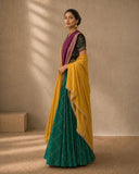Emerald Green Saree with black Embroidered blouse and Mustard Embroidered Shawl (5 PCS)