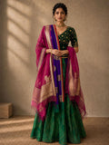 Emerald Green Banarasi LEHENGA with Royal Purple , peplum blouse and  Fuchsia Dupatta (4 PCS)