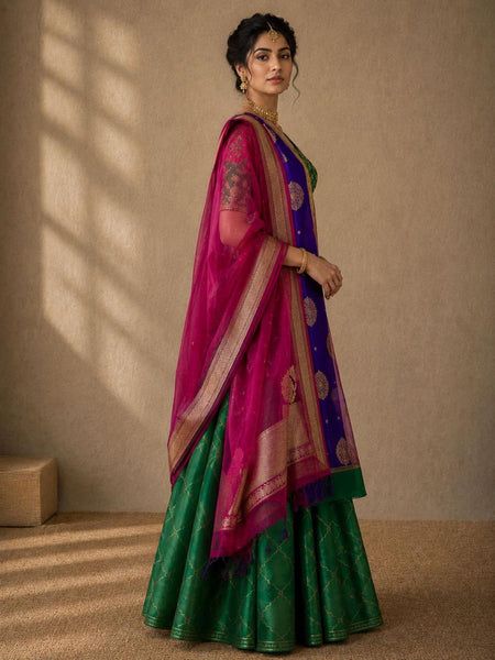 Emerald Green Banarasi LEHENGA with Royal Purple , peplum blouse and  Fuchsia Dupatta (4 PCS)