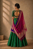 Emerald Green Banarasi LEHENGA with Royal Purple , peplum blouse and  Fuchsia Dupatta (4 PCS)