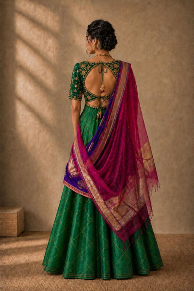 Emerald Green Banarasi LEHENGA with Royal Purple , peplum blouse and  Fuchsia Dupatta (4 PCS)