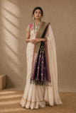 Ivory Shimmer Saree with Black Banarasi Dupatta (4PCS)