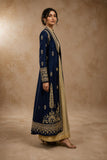 A NAVY BLUE EMBROIDERED JACKET SET PAIRED WITH A GOLD ANARKALI FOR A RICH, LAYERED LOOK.(2PCS)