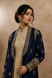 A NAVY BLUE EMBROIDERED JACKET SET PAIRED WITH A GOLD ANARKALI FOR A RICH, LAYERED LOOK.(2PCS)