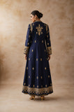 A NAVY BLUE EMBROIDERED JACKET SET PAIRED WITH A GOLD ANARKALI FOR A RICH, LAYERED LOOK.(2PCS)