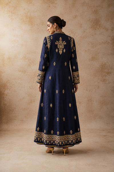 A NAVY BLUE EMBROIDERED JACKET SET PAIRED WITH A GOLD ANARKALI FOR A RICH, LAYERED LOOK.(2PCS)