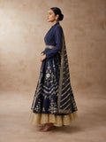 A NAVY BLUE EMBROIDERED JACKET SET WITH A CONTRAST GOLD ANARKALI AND A WOVEN DUPATTA.(5PCS)
