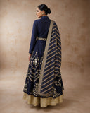 A NAVY BLUE EMBROIDERED JACKET SET WITH A CONTRAST GOLD ANARKALI AND A WOVEN DUPATTA.(5PCS)