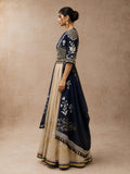 A NAVY BLUE EMBROIDERED BLOUSE PAIRED WITH A CONTRAST GOLD SKIRT AND A MATCHING DUPATTA.(3PCS)