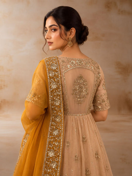 A TOOSH ANARKALI PAIRED WITH A MUSTARD DUPATTA. (3PCS)