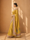 MUSTARD SILK SAREE WITH KASHMIR EMBROIDERED BORDER PAIRED WITH UNSTITCHED BLOUSE PIECE. (2PCS)