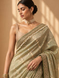 MINT TISSUE EMBROIDERED SAREE WITH UNSTITCHED BLOUSE PIECE.(2PCS)