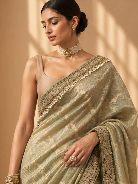 MINT TISSUE EMBROIDERED SAREE WITH UNSTITCHED BLOUSE PIECE.(2PCS)