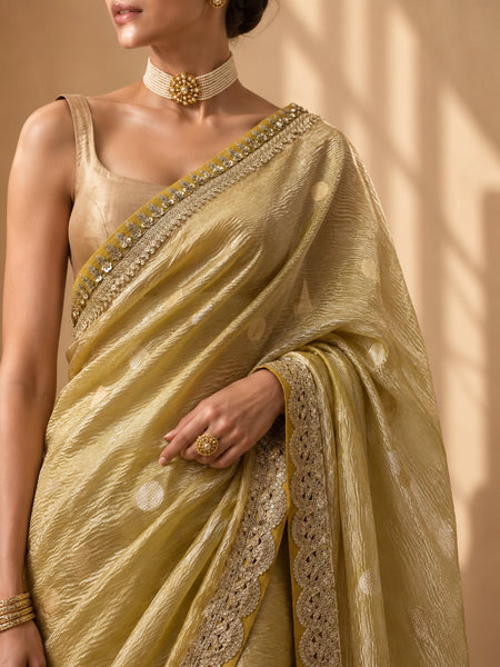 MUSTARD POLKA DOT EMBROIDERED SAREE WITH UNSTITCHED BLOUSE PIECE  (2PCS)