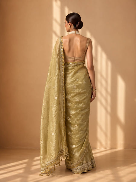 MUSTARD POLKA DOT EMBROIDERED SAREE WITH UNSTITCHED BLOUSE PIECE  (2PCS)