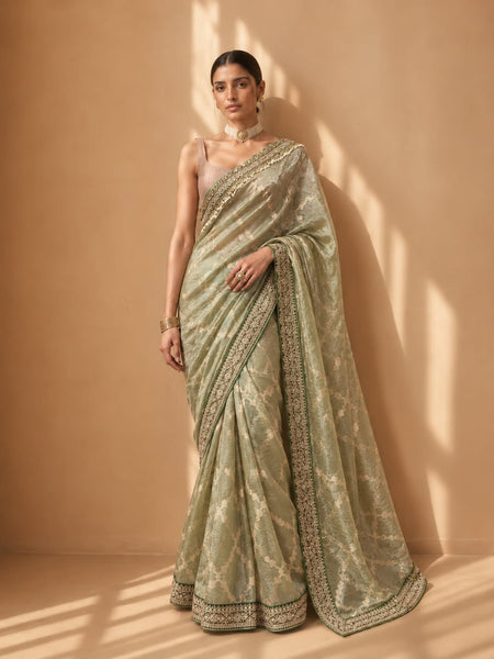 MINT TISSUE EMBROIDERED SAREE WITH UNSTITCHED BLOUSE PIECE.(2PCS)