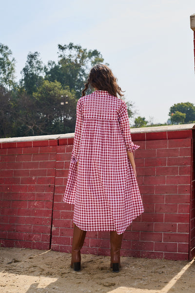 WHITE & RED CHECKED COTTON TUNIC WITH EMB HIGHLIGHTING (1PC)