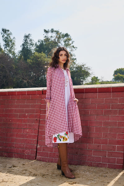 WHITE & RED CHECKED COTTON TUNIC WITH EMB HIGHLIGHTING (1PC)