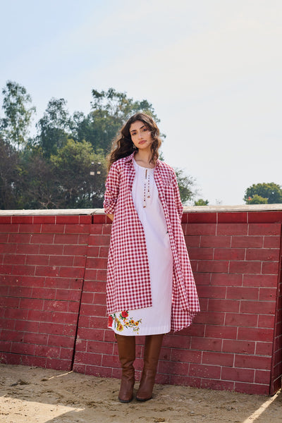 WHITE & RED CHECKED COTTON TUNIC WITH EMB HIGHLIGHTING (1PC)