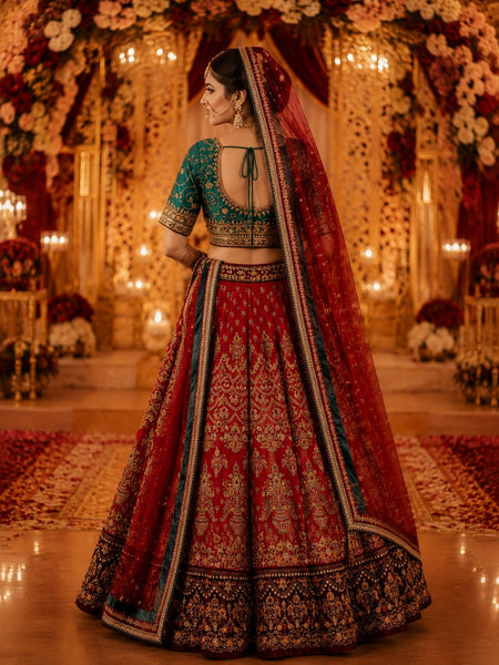RED DUPION EMB LEHENGA SET (3 PCS)