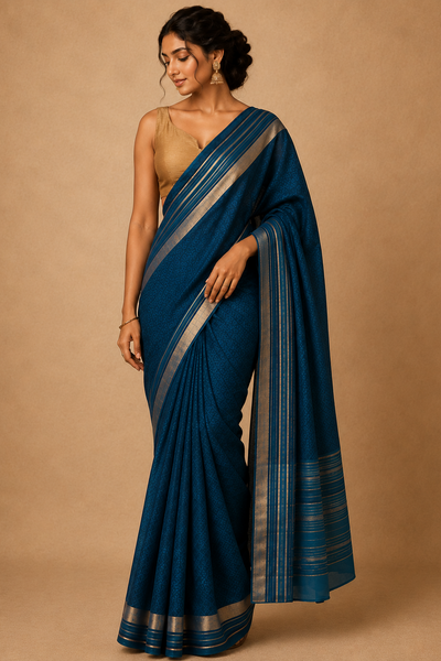 Woman wearing a blue saree with a beige background