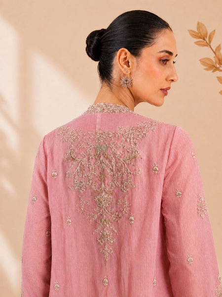 PINK EMBROIDERED KURTA SET WITH ELABORATE PALAZZO AND EMBROIDERD JACKET. (3 PCS)