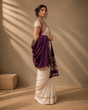 Ivory tissue crinkled saree paired with a luxurious royal purple antique dupatta (4 pcs)