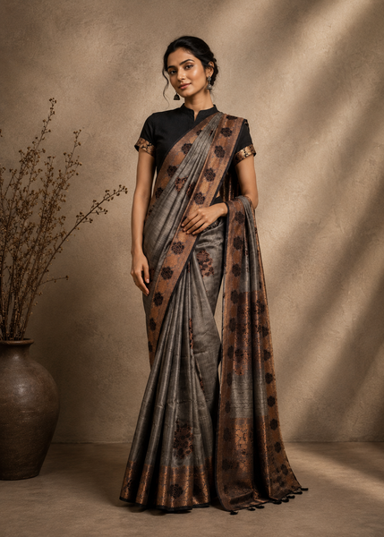 Woman wearing a saree with a black and brown pattern against a beige background