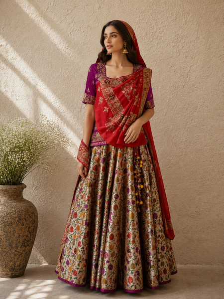 VIBRANT MAGENTA LEHENGA SET FEATURING INTRICATE EMBROIDERY, FLORAL PATTERNS, AND A RICHLY DETAILED DUPATTA.