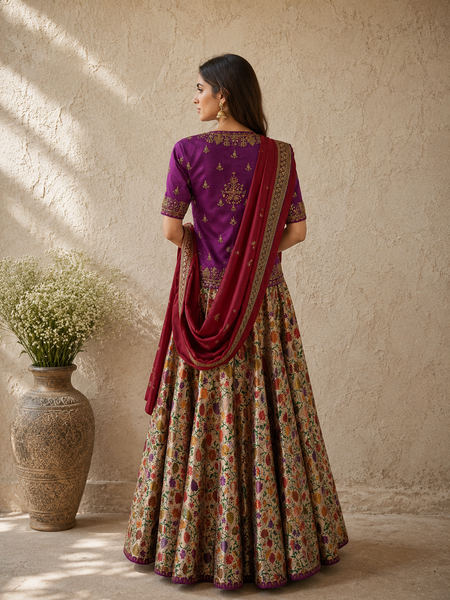 VIBRANT MAGENTA LEHENGA SET FEATURING INTRICATE EMBROIDERY, FLORAL PATTERNS, AND A RICHLY DETAILED DUPATTA.