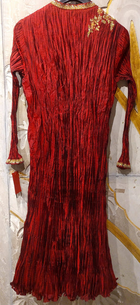 Maroon silk crinkled & golden embroidered kurta with lycra net churidaar- (SLK-01)