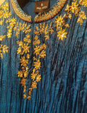 Turquoise silk crinkled & golden embroidered kurta with lycra  net churidaar (SLK-01)