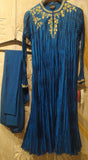 Turquoise silk crinkled & golden embroidered kurta with lycra  net churidaar (SLK-01)