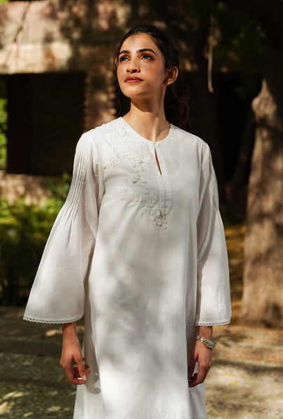 IVORY COTTON EMBROIDERED HIGH LOW TUNIC & SLIP (WH-02)
