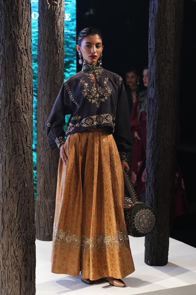 Charcoal embroidered blouse and Yellow brocade skirt set(E-10/TL-14) – Anju  Modi