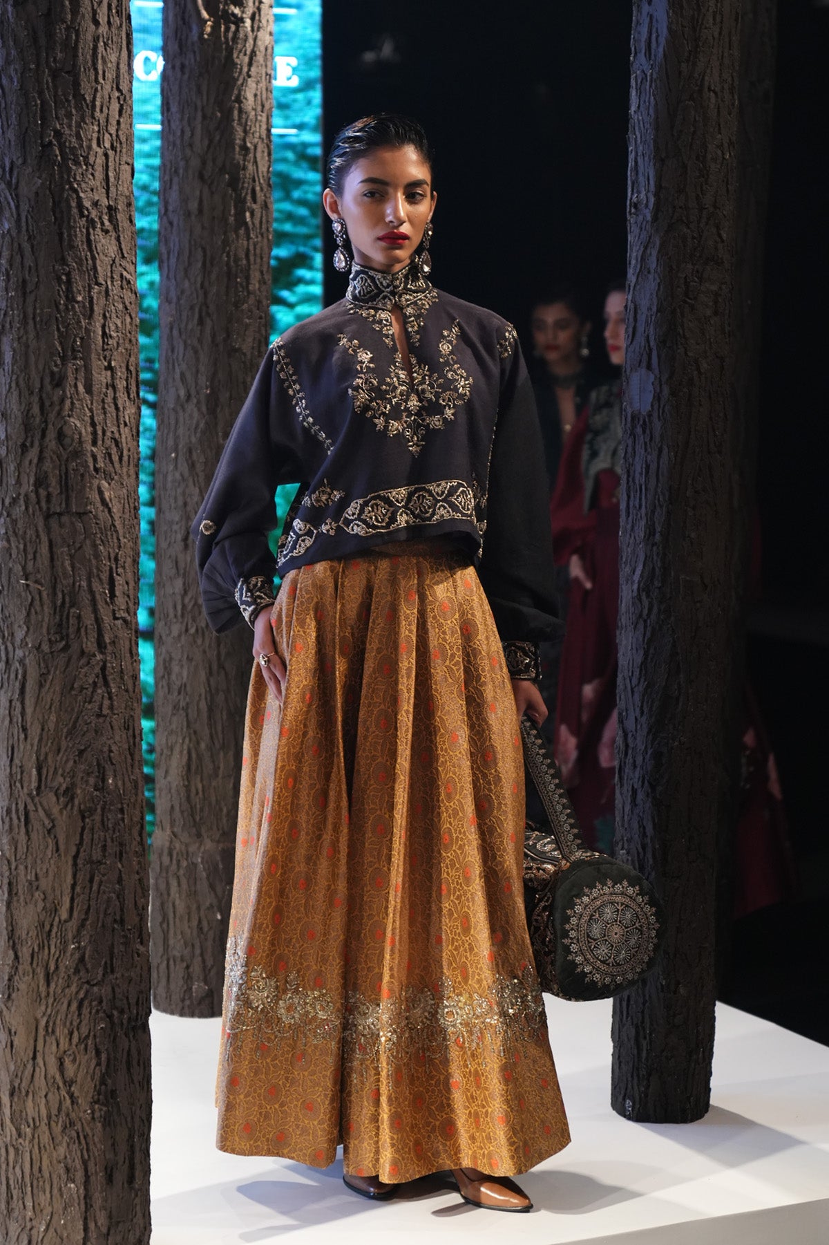 Charcoal embroidered blouse and Yellow brocade skirt set E 10 TL