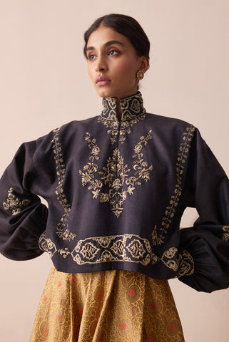 Charcoal embroidered blouse and Yellow brocade skirt set(E-10/TL-14)