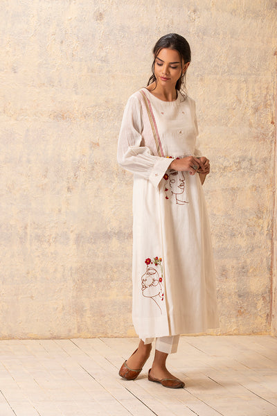 IVORY FLORAL ABSTRACT FACE EMBROIDERED TUNIC (F-03)