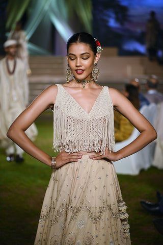 Ivory macrame blouse and chandan hand embroidered lehenga  (TL-10/BLS, DMT-16)